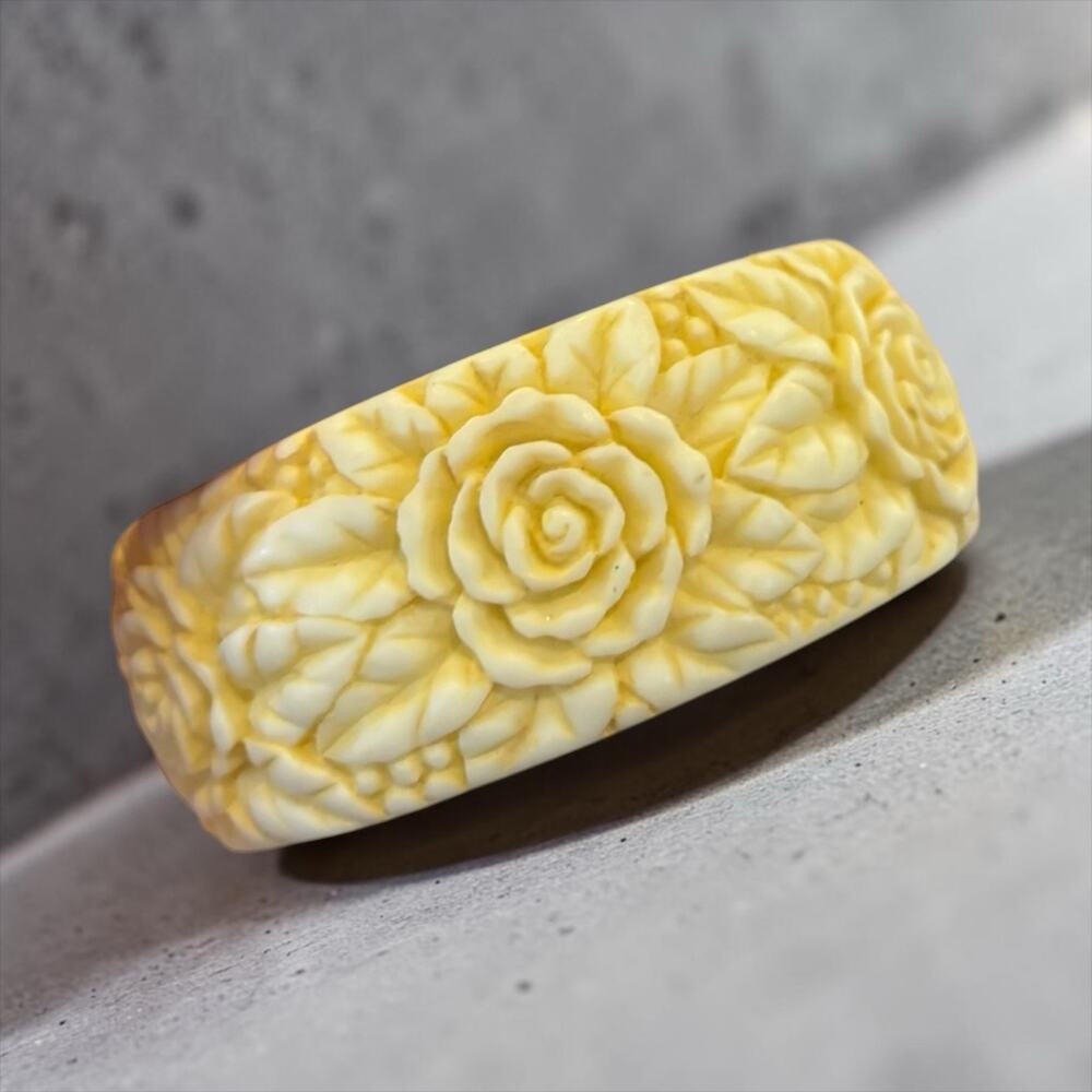 Vintage Carved Floral Bangle Cream Celluloid Rose Bracelet Ivory Look Wide Cuff